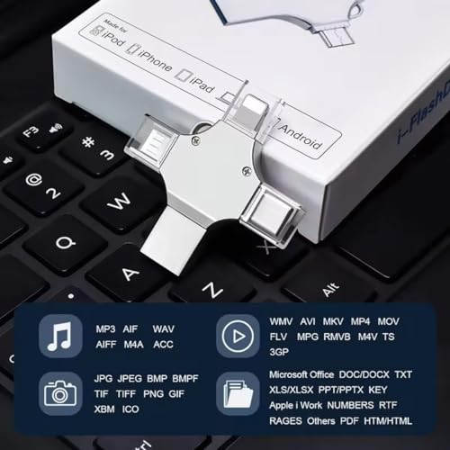 Pen Drive OTG 4 em 1 (256 GB), Armazenamento Externo, Pendrive de Fotos, USB 3.0 Memory Stick Jump Drive PhotoStick para iPad, Android, PC, iPhone.