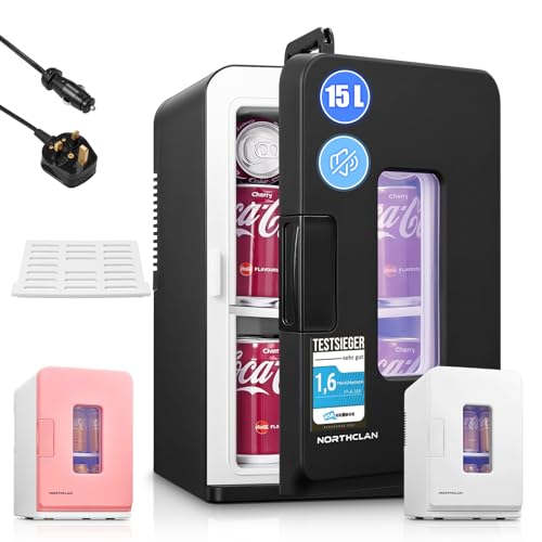 NORTHCLAN Mini Fridge 15 L / 21 Cans for Bedroom | 2 in 1 Small Fridge for Car, 12 V/220 V Portable Drinks Fridge with Cooling and Heating Function, ≤38 dB Eco Mode Quiet