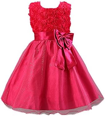 Xiangmenger Girls 3D Flower Top Wedding Bridesmaid Party Princess Dress (3-4Y (Asia 120), Rose Red)