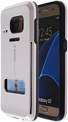 Guardful [Shockproof] Credit Card Case [Dual Layer] Protective Hybrid Case [Coin Standing] with One Card Slot Wallet for Galaxy S7 (White)