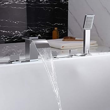 Jinyuze Waterfall Led Deck Mount 5 Hole Roman Bath Tub Filler Faucet With Handheld Shower Head
