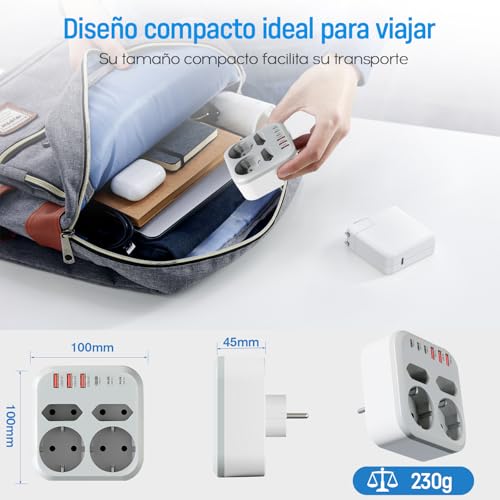 Thief Flat Sockets, 10 in 1, Multiple Plug with 6 USB, 2 Schuko and 2 EU Plugs, Wall Sockets, Double Plug 3500W, Thief USB C Plugs for Mobile, Family, Office, Kitchen, Grey White