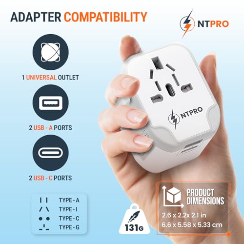 NTPRO Universal Travel Adapter-10A International Travel Adapter with 2 USB-C, 2 USB-A Ports (5-in-1), 5V-3.4A Fast Charging, Worldwide Plug Adapter for USA EU UK AUS, 2400W Max, Covers 200+ Countries