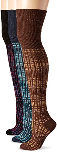 K. Bell Women's Plaid Over The Knee Socks with Solid Roll Top with Flec Yarn 3-Pack, Black/Navy/Brown, 9-11