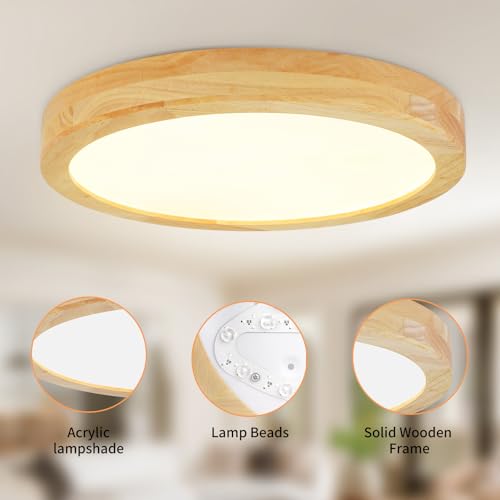 Kambo LED Ceiling Light Wood 3000K Warm White 24W 3100LM | Round Nordic Flat Ceiling Light Diameter 30 cm for Bedroom, Living Room, Kitchen, Dining Room, Hallway