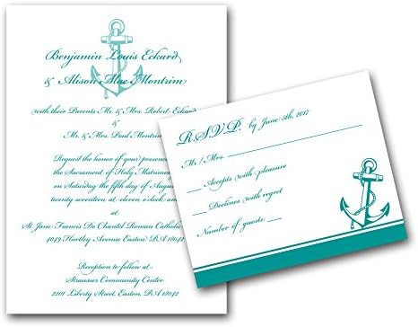 Teal Anchor Wedding Invitations - Set of 20