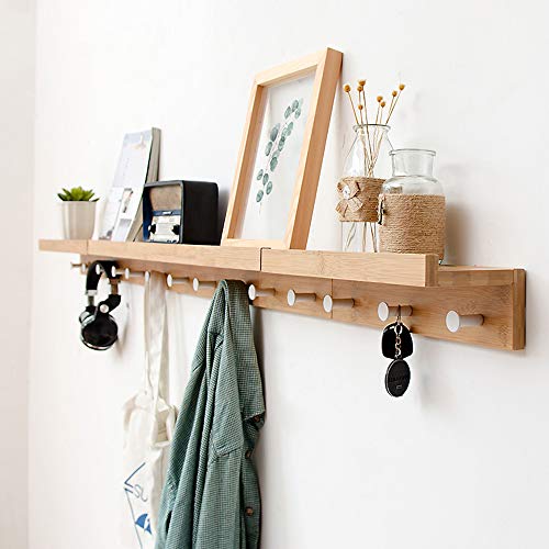 MUFANSEN Shelf with Hooks Bamboo Wall Mounted Shelf Coat Rack Floating