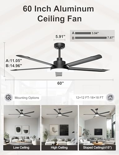 Ohniyou 60 Inch Ceiling Fan with Light, Industrial Ceiling Fans with Remote Control/App, 5 Blades Aluminium, Silent DC Motor, Outdoor Terrace Fan Garage, Black