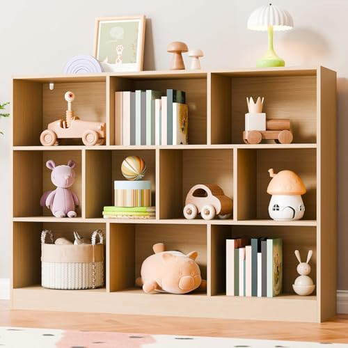 Librero de 10 Compartimentos, 3 Repisas Librero Organizador, Librería Cubby Sencilla Beige, Librería Vertical de Pie Para Exposición, Almacenaje, para Sala,Oficina,Dormitorio, 120*104*24 CM