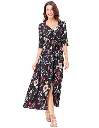 Women's Summer Floral Button Up Split Flowy Party Maxi Dress Size S KK652-1