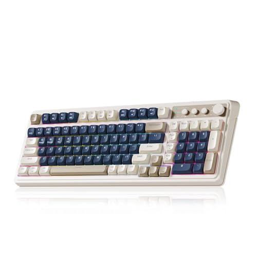 AULA S99 Gaming Keyboard, Retro Creamy Color Keyboard with Number Pad RGB, Media Knob Custom Programmable Membrane Computer Keyboards for PC Gamer Tri-Mode Bluetooth/2.4GHz/USB-C - Blue-Grey