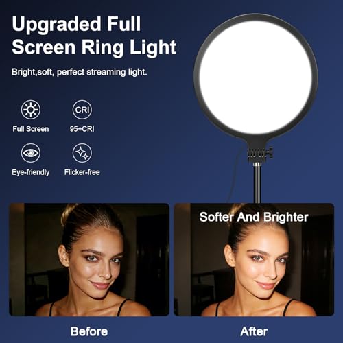 Eocean Ring Light with Stand, 10.5'' Full-Screen Desktop Ring Light with Phone Holder for Mobile Phone/iPhone/Video Recording, 30 Light Modes LED Selfie Ring Light for Webcam, Meetings, Live Stream