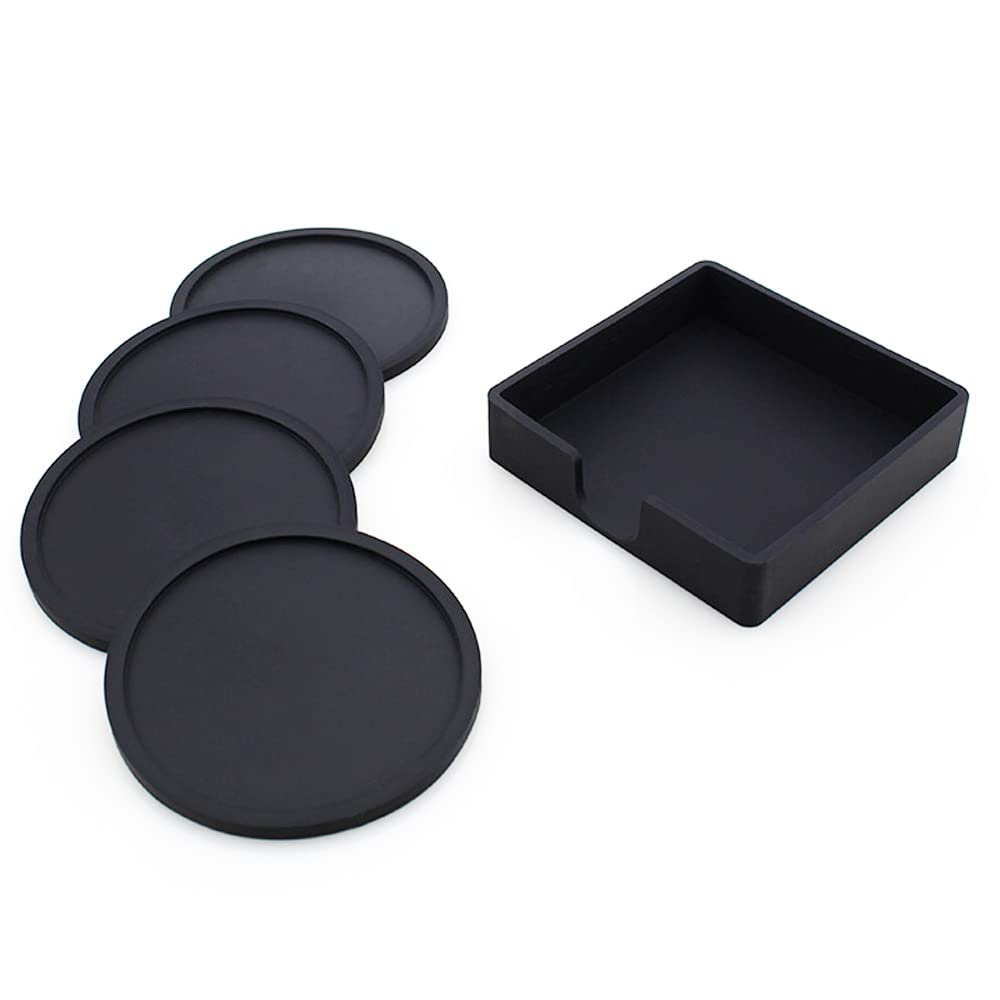 10cm/3.94inch Coasters Set Round Silicone Rubber Coaster Cup Pad Mat Anti-scald Non-Slip for Home/Bar Coffee Tea Drink Use Insulate&protect furniture Coffee Beer Mug WineGlass Bottle (Black, 4)