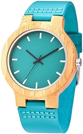 PHCOOVERS Mens Bamboo Zebra Wooden Watch with Blue Cowhide Leather Strap Quartz Casual Watches
