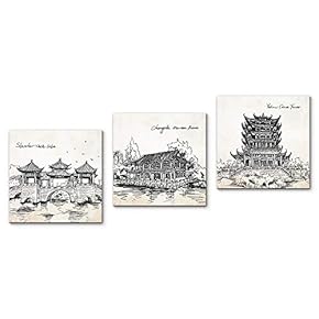 Canvas Wall Art Vintage Building Painting Artwork for Home Prints Framed - 12"x12"x3 Panels