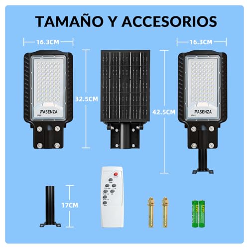 FASENZA Lámpara Solar Exterior: 3000LM, 6500K, Batería 6000mAh, Carga 6h para 12h Iluminación, 3 Modos de Sensor Radar, IP65, Garaje, Almacén, Granero, Jardín, Patio y Terraza, 2 Años de Garantía