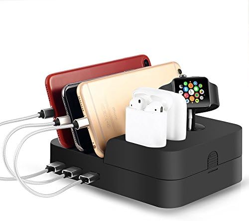 6 Port Universal Usb Charger Dock Station - Use for Apple Watch and iphone, Airpods & all Android Cell Phones, Tablets - Quick Charge - Compact - Multi Device Charging Hub Stations & Organizer