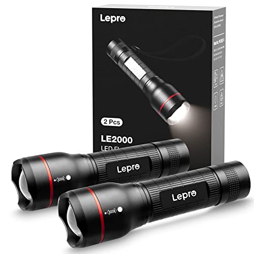 Lepro LED Torch, LE2000 Extremely Bright LED Torches with 5 Modes, Zoomable Camping Hand Lamp, Waterproof Torch for Camping, Outdoors, Hiking, Fishing, Gift (Pack of 2) | Extremely bright mini torches (no batteries included), waterproof torch light for outdoor, hiking, gift, emergency