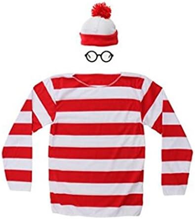 HBMaida Where's Waldo Costume Funny Sweatshirt Hoodie Outfit Glasses Hat Cap Suits
