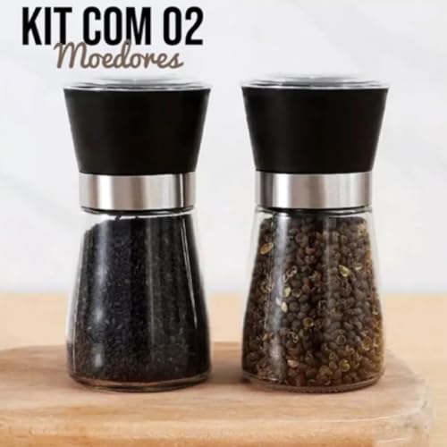 Kit 2 Moedor Triturador Giratório de Sal Pimenta Premium em Vidro Aço Inoxidável para Grãos Condimentos Secos Temperos Saleiro Pimenteiro de Mesa Ideal Cozinha Restaurante Hamburgueria