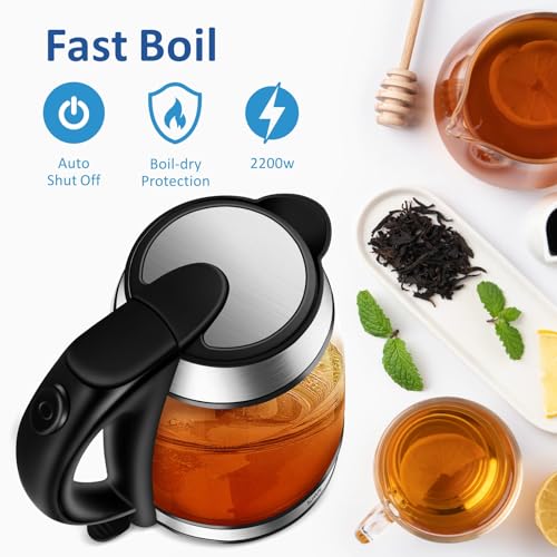 Electric Glass Water Kettle,1.7L Hot Water Boiler w/Filter, Blue LED Light | 2200W Tea Kettles with Stainless Steel Lid, Auto Shut-Off, Fast Boiling Transparent Heater Teapot for Home, Office, Kitchen