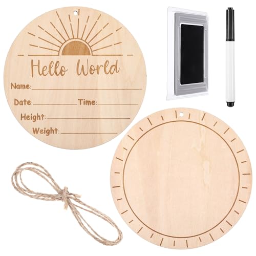 Wanmu Baby Announcement Sign with Marker Pen, 5.5 Inch Round Wooden Hello World Newborn Sign, Boho Sun Baby Name Signs with Ink Pad for Hand Footprints, Birth Announcement Welcome Signs Nursery Decor