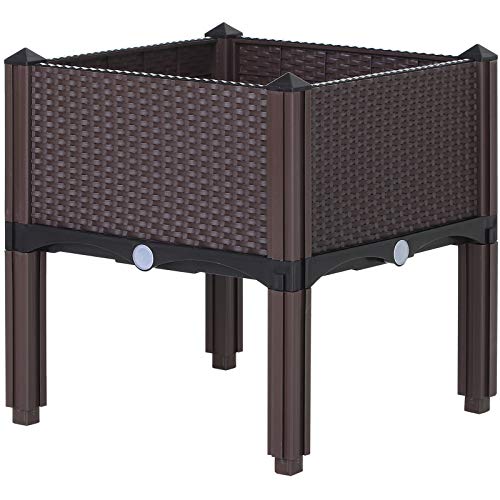 Outsunny Plastic Raised Garden Bed Elevated Planter Box Kit Rattan Pattern with Self-Watering Design and Compact Footprint, Perfect for Flowers Vegetables and Herbs