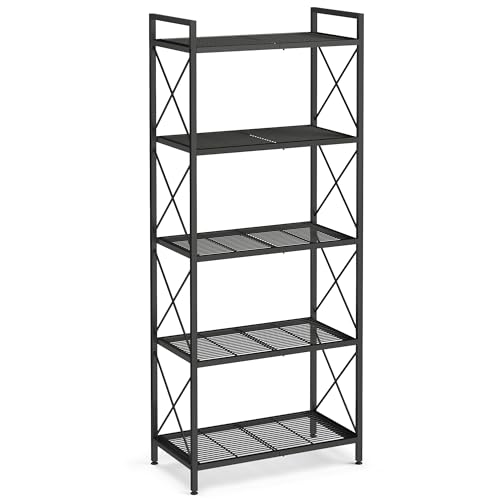 SONGMICS 5-Tier Metal Storage Rack, Shelving Unit with X Side Frames, Dense Mesh, 12.6 x 23.6 x 57.3 Inches, for Entryway, Kitchen, Living Room, Bathroom, Industrial Style, Ink Black UBSC165B01