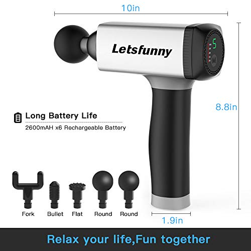 Massage Gun, Upgraded Handheld Vibration Deep Tissue Muscle Massager Device, Powerful Cordless Percussion Full Body Muscle Massager with 5 Adjustable Speed, 5 Attachments & Portable Bag