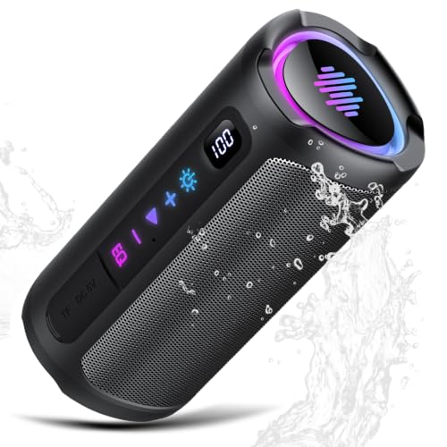 aowoka Bluetooth Speaker with Light, 20W Portable Music Box, Improved Bass, LED Display, 20 Hours Battery, Bluetooth 5.4, IPX7 Waterproof, TWS, TF Card, Speaker for Travel, Sports, Party