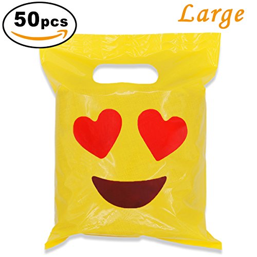 Cevinee 50PC Glossy Merchandise Bags, Handy Retail Shopping Bags, Cute Party Favor Bags - Emoji in Love - No Gusset - Die Cut Handle - 9" x 12" - 2.0 Mil, Yellow