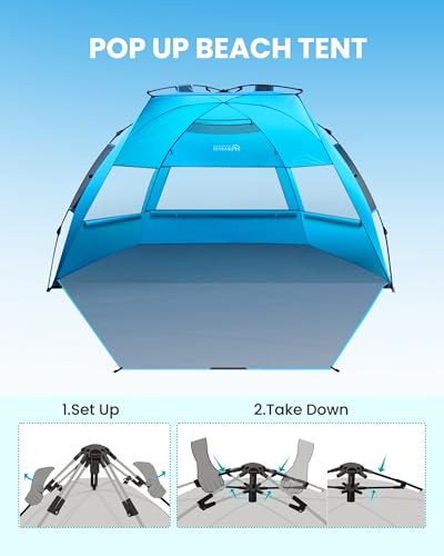 OutdoorMaster Beach Tent Sun Shelter for 3-4 Person, Pop Up Beach Tent Easy Setup with Sandbags, Portable Sun Shade Canopy with Carrying Bag for Beach & Outdoor, UPF50+ UV Protection, Family Size