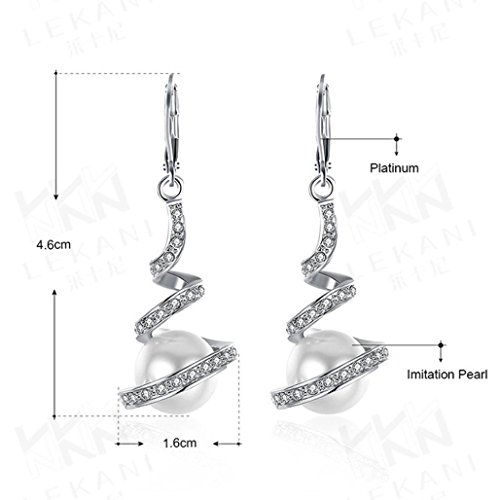 Gyoume Women's Earrings Pearl Studded Spiral Design Zircon Hoop Drop Earrings Jewelry Party Earring (White Gold)