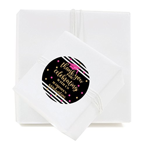 Andaz Press Fuchsia, Black and Gold Glittering Graduation Party Collection, Personalized Round Circle Label Stickers, Thank You for Celebrating With Us, 40-Pack, Madison's Graduation Custom Name