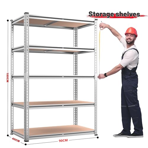 2020LBS Garage Shelving Heavy Duty 5 Tier Storage Shelves Adjustable Metal Shelving for Basement, Warehouse, Pantry, Closet, Kitchen, Easy Assembly, 90cm x 40cm x 180cm, Galvanized, White