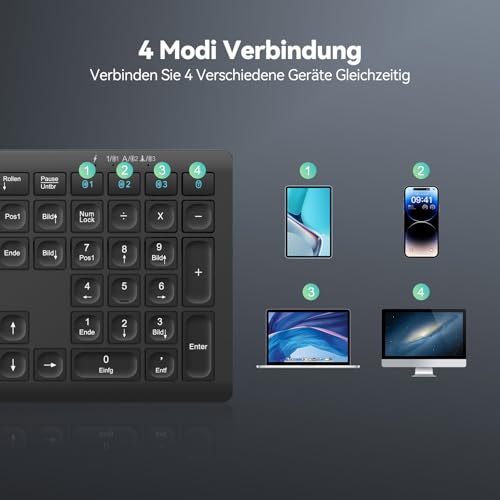 TECKNET Bluetooth Keyboard, Wireless, Rechargeable Multi-Device Flat Keyboard with Simple up to 4 Devices, Ultra Slim, German Layout (QWERTZ), for Mac, Windows, iOS, Chrome OS Black