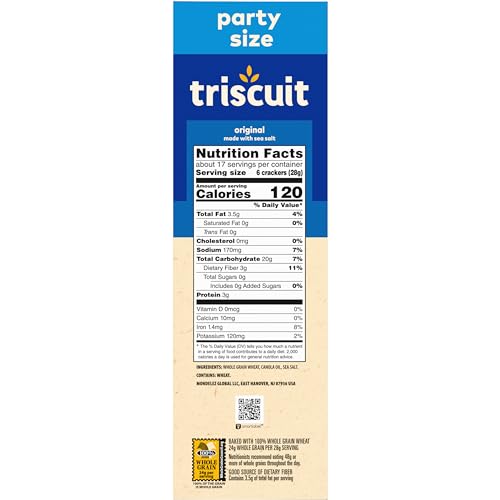 TRISCUIT ORIGINAL WHOLE GRAIN WHEAT CRACKERS, VEGAN CRACKERS, HEALTHY SNACKS, LUNCH SNACKS, PARTY SIZE, 17 OZ