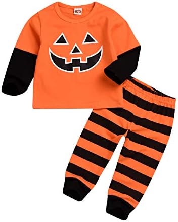 Geagodelia Halloween Newborn Infant Baby Outfit Clothes Pumpkin Long Sleeve Top Sweatshirt Striped Trouser 2Pcs Set