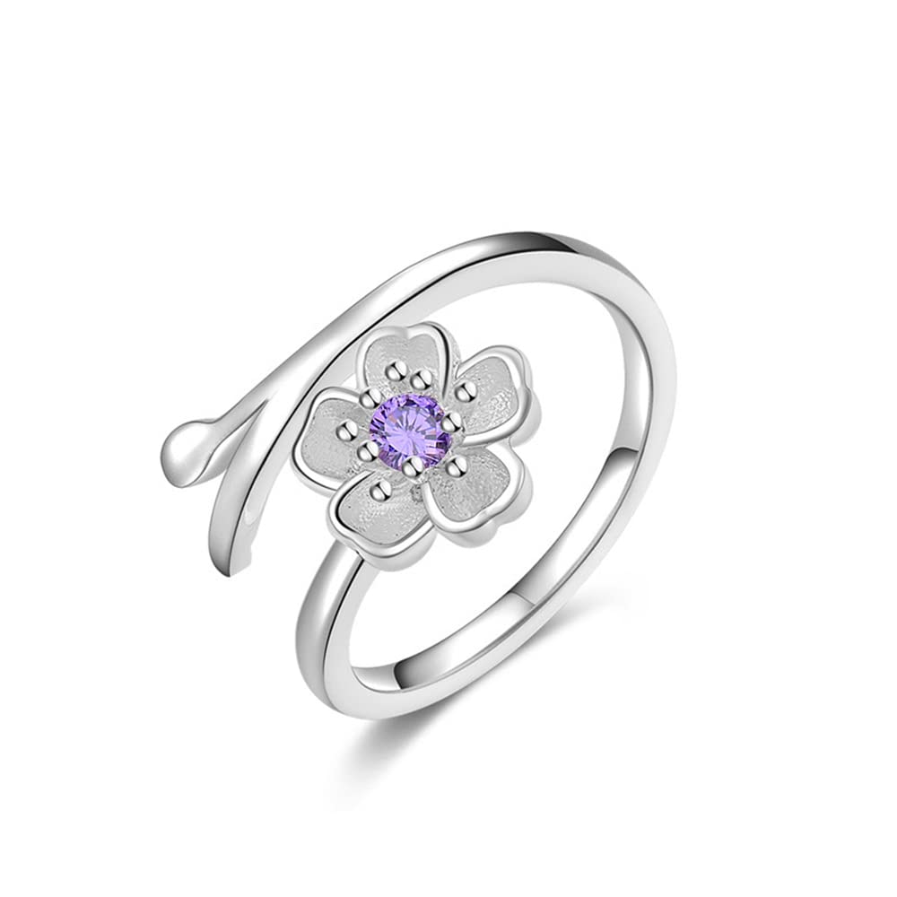 CZ Flower Open Ring for Women Girls Silver Plated Pink Purple Crystal Cute Sweet Flower Promise Statement Adjustable Cherry Blossom Leaf Finger Birthday Wedding Chic Jewelry Anniversary (Purple CZ)
