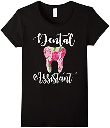 Womens Cute floral tooth dental assistant tshirt Medium Black