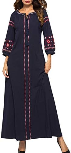 Daylin Women's Lady Vintage Print Soft Daily Wrist Sleeve Ladies O-Neck Embroidery Ankle-Length Long Dress