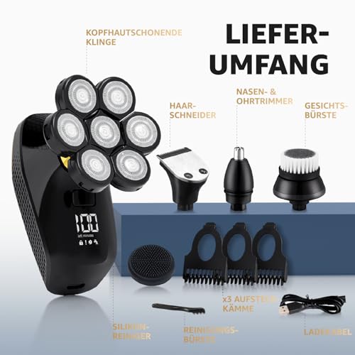 Bald Razor Men's Electric 7D Head Shaver Bald with 5-in-1 Care Set, LED Display, Rechargeable, Flexible 360 Degree Shaving Head, IPX6 Waterproof, 9200 rpm