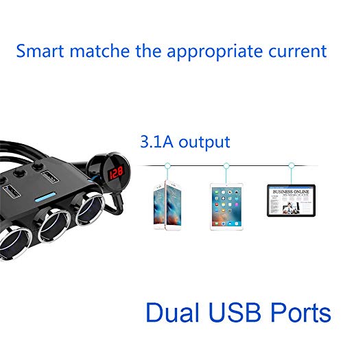 ODOMY 12V/24V Car Cigarette Lighter Adapter 100W 3 Socket Splitter with Dual USB Ports LED Voltage Monitor On/Off Switch for Phone GPS Dashcam Radar Detector