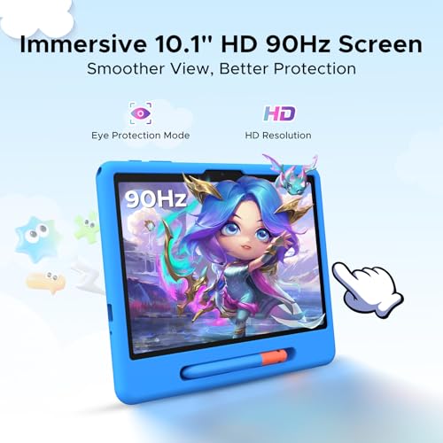 POPUX P10 Kid Tablet 10 Inches, Tablet for Children with 32GB RAM+64GB ROM, 90Hz Android 16 Tablet with Gemini AI, T310 Quad-Core, 7000mAh, 5G WiFi, 8MP+5MP, Tablets with Pen, Silicone Case, Blue