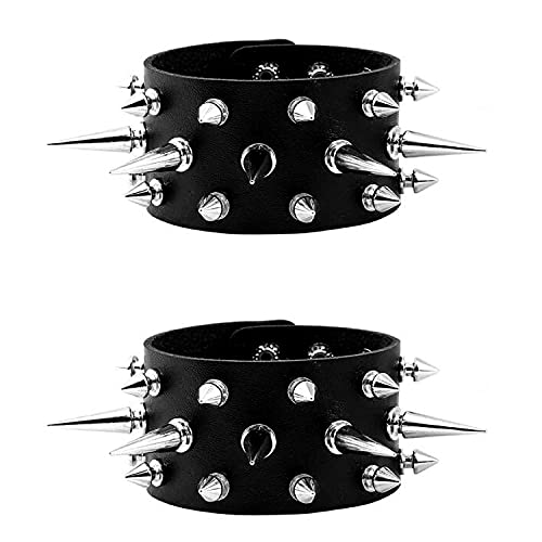 MILAKOO 2 Pcs Unisex Black Metal Spike Studded Punk Rock Biker Wide Strap Leather Bracelet