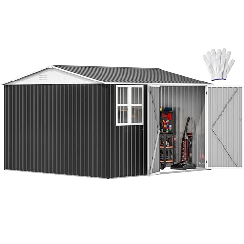 DWVO 8x6ft Outdoor Storage Shed – Steel Garden Shed With Window & Lockable Doors, Sloped Roof, Gray & White