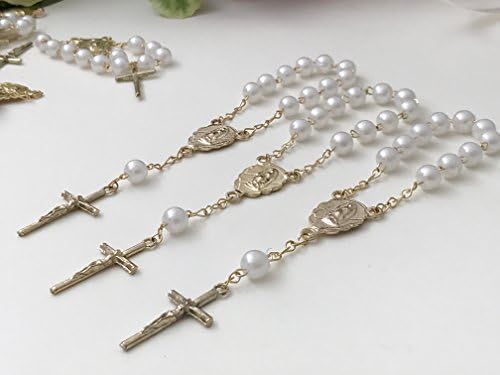 25 Pc White Faux Pearls Baptism Favors Mini Rosaries vintage Gold Plated/Recuerditos De Bautismo/Christening Favors/Decenarios/Decades/Finger Rosaries