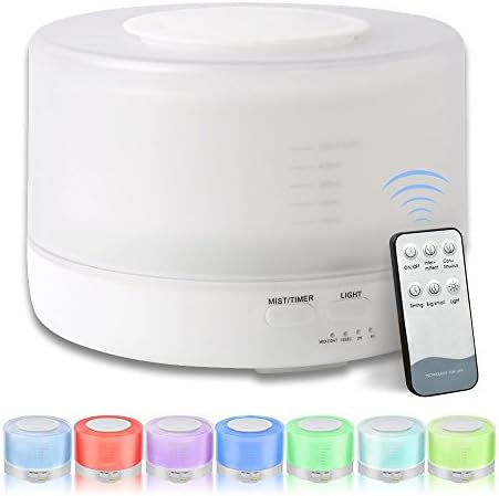 Xboun Remote Control Essential Oil Diffuser, 500ml Ultrasonic Aroma Cool Mist Humidifier with 7 Color Light Changing and 4 Timer Settings for Office / Home / Bedroom / Baby Room (White)