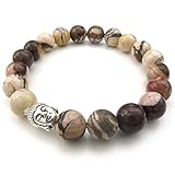 KONOV Natural Energy Gemstone Beads Mens Womens Bracelet, 10mm Buddha Mala, Brown Silver