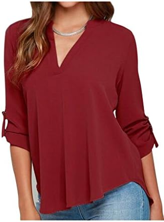 YUTRENDS Women's Cuffed Sleeve Plus Size V-Neck Solid Blouse Shirts Tops